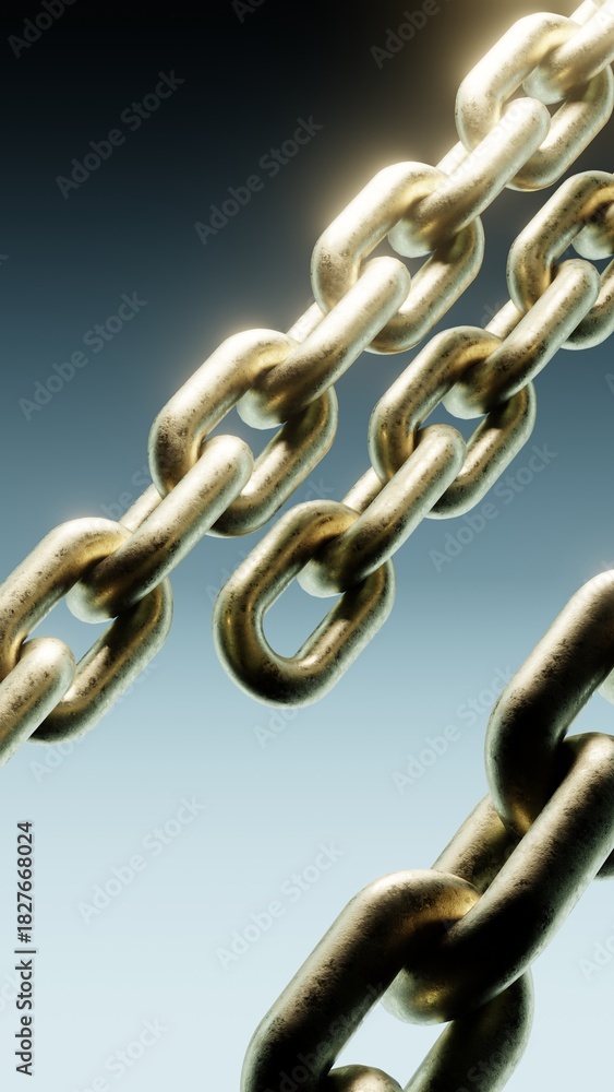 Obraz premium Close-up of Metallic Chains. Modern abstract 3D background with depth and soft lighting. Ideal for technology projects, web design, presentations, social media and print.