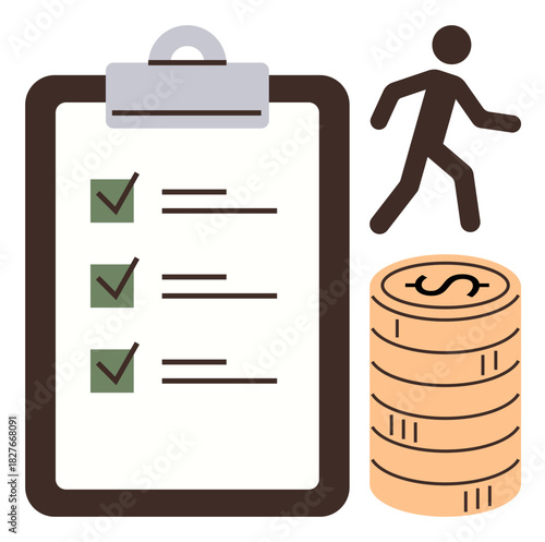 Checklist with completed tasks, walking figure, and coin stack representing productivity, goal tracking, financial success, business planning, entrepreneurship, career growth, simple flat metaphor