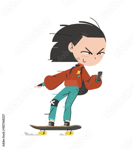 Focused Skater Girl Riding Fast on a Skateboard While Filming with Her Phone, Perfect for School Projects and Creative Designs. Dynamic Vector Illustration for Kids.