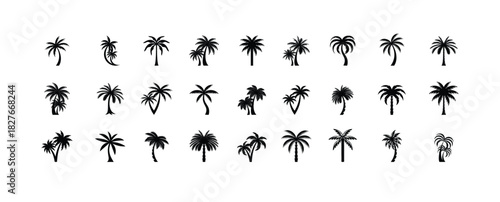 Coconut palm tree icon set logo design , simple style palm tree silhouette. Set of black palm tree silhouettes. Tropical coconut trees vector collection. Isolated exotic island, vector illustration