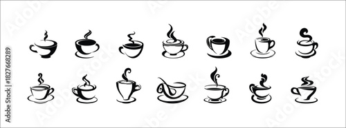 Coffee cup icon set. Cups of coffee tea collection. Hot drink icon. Disposable cup. Cup coffee with steam. Flat style. Vector Illustration.