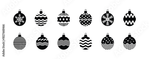 Collection of Christmas ball isolated on transparent background. Chrismas Ornament Checkerboard  star. christmas ball glyph icon, Vector Illustration.