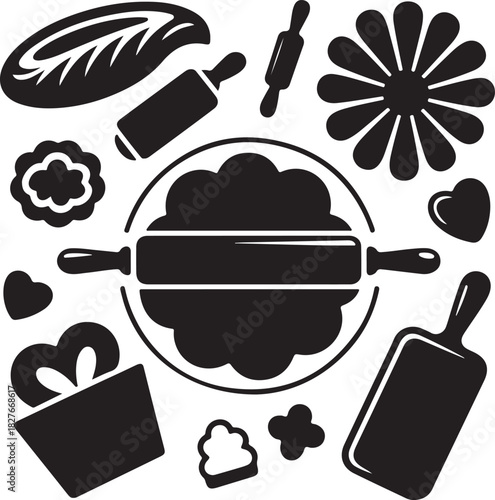 Baking Utensils and Pastries Black and White Graphic Set Illustration