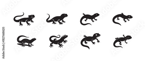 Gecko lizard silhouette vector collection, reptile illustration design, black animal outline, exotic crawling gecko artwork, nature reptile drawing, wildlife icons set, vector illustration.