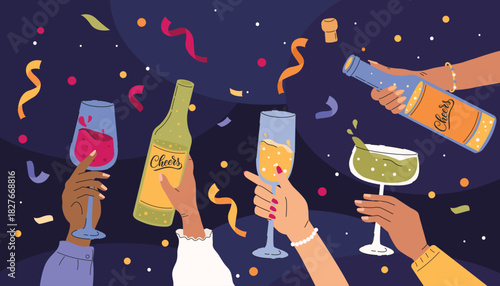 Celebration. Hands clinking glasses with champagne. Human hands with champagne glasses and sparklers on confetti background. Vector illustration