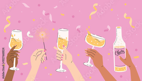 Celebration. Hands clinking glasses with champagne. Human hands with champagne glasses and sparklers on confetti background. Vector illustration