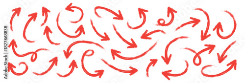 Red grunge brush hand drawn curved arrows. Doodle marker thick arrows in different directions. Grunge rough direction shape for design. Vector brush strokes illustration collection	