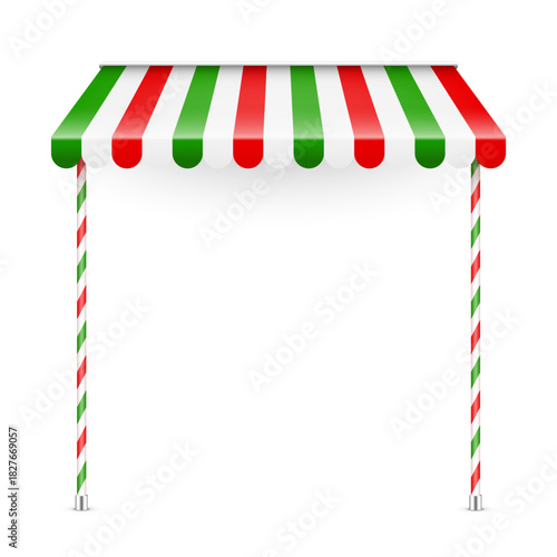 Shop sunshade. Realistic striped cafe awning. Outdoor market tent. Roof canopy. Summer street store. Vector illustration.