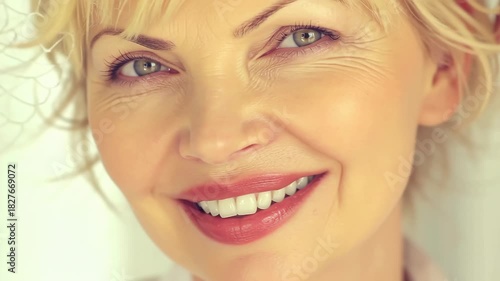 Close-up Portrait of a Smiling Mature Woman with a Stylish Hairnet.