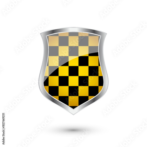 Glossy shield with yellow and black pattern. Security and protection concept. Cyber safety icons, internet privacy, web defense, digital data protection and antivirus themes. Vector illustration