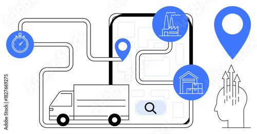 Logistics concept. Logistics ed with a delivery truck, map icons, and industrial symbols emphasizing supply chain and tracking. Logistics helps optimize supply chain operations. For shipping