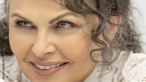 Close-up Portrait of a Beautiful Mature Woman with Curly Gray Hair and a Gentle Smile.