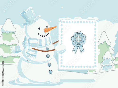 A charming snowman invites you to a winter party! He holds a festive invitation against a snowy backdrop, perfect for holiday illustrations and designs.