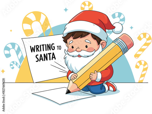 A cheerful boy writes to Santa, using a pencil and paper. Festive background with candy canes. Bright, playful illustration. Perfect for holiday marketing.