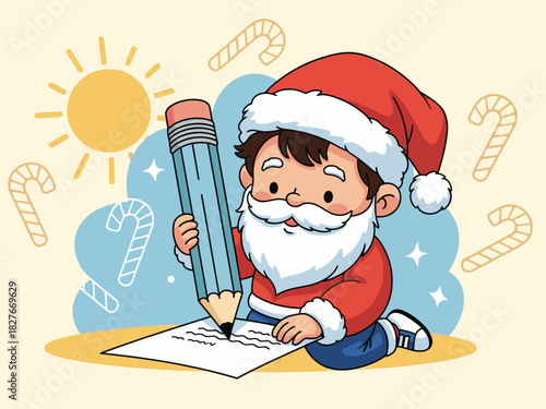A cheerful boy dressed as Santa writes on a list with a pencil, surrounded by candy canes and a bright sun. Festive and inviting illustration. Make it happen!