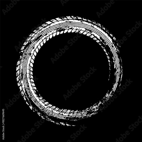 Grunge circle tire track, wheel braking mark. Truck, car or motorcycle tread pattern silhouettes. Auto race, motorsport, speed racing design element. Vector illustration