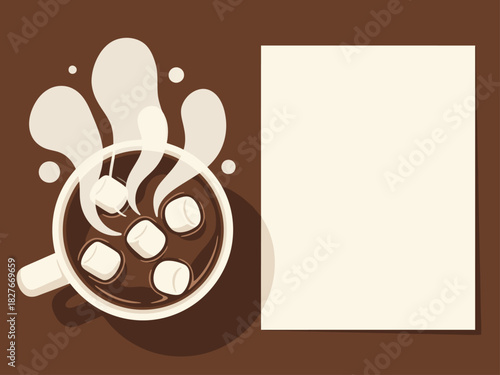 A cozy illustration of a steaming mug with marshmallows, set against a blank card with 'Warm Winter Wishes'.  Warm tones and soft textures create a comforting visual.