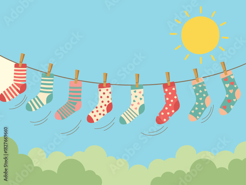 Colorful socks dance on a clothesline under a sunny sky. A cheerful, playful illustration perfect for lifestyle and branding. Bright, whimsical, and inviting.
