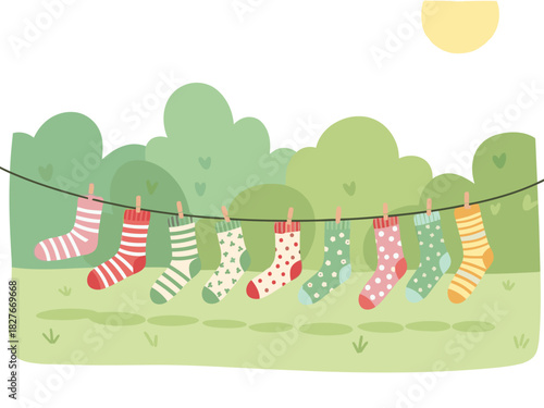 Colorful socks hang on a clothesline against a green landscape. A cheerful, whimsical illustration evokes joy and a carefree lifestyle. Perfect for backgrounds and social media.