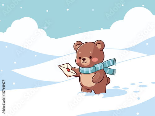A cute bear delivers a letter in a snowy landscape. Warm, inviting illustration with a joyful winter theme. Perfect for seasonal marketing and children's content.