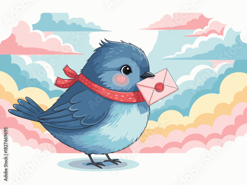 A cute blue bird delivers a pink envelope with love.  Cheerful illustration, perfect for greeting cards and digital designs. Soft colors and a heartwarming scene.