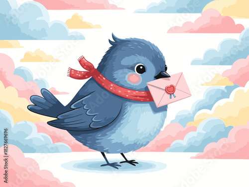 A cute blue bird delivers a letter with a wax seal, sending love. Whimsical illustration with pastel colors and a dreamy sky. Perfect for greeting cards and social media.