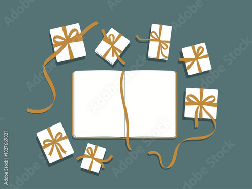 Gift of time: Wrapped presents surround an open book, symbolizing thoughtful generosity and the value of shared moments. A serene and inviting composition.