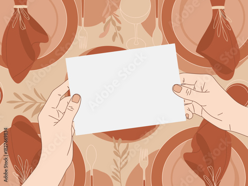 Hands hold blank invitation against a festive table setting Warm earthy tones and elegant tableware create a welcoming invitation to gather Perfect for event announcements or social gatherings