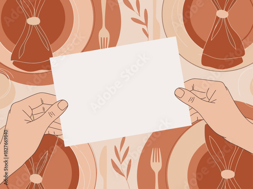 Hands hold blank card over a table setting with plates and cutlery Warm earthy tones create a welcoming inviting composition Perfect for invitations or announcements -Gather Together Now- text overlay