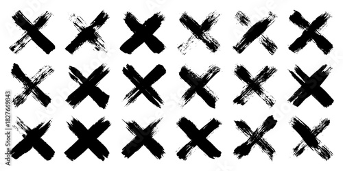 Grunge crosses, brush strokes, x mark, lines, ink smudges, hand-drawn scribble shapes. Handmade sketchy marks, acrylic stains, charcoal streaks. Paint textures, dry brush effect. Vector illustration