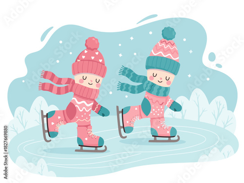 Two adorable children ice skate joyfully outdoors in a winter scene. They wear warm winter clothing and are smiling. Festive and cheerful illustration.
