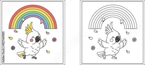 Cute cartoon white cockatoo bird flying under colorful rainbow vector illustration. Adorable happy parrot character mascot with falling flower petals and spring nature background.