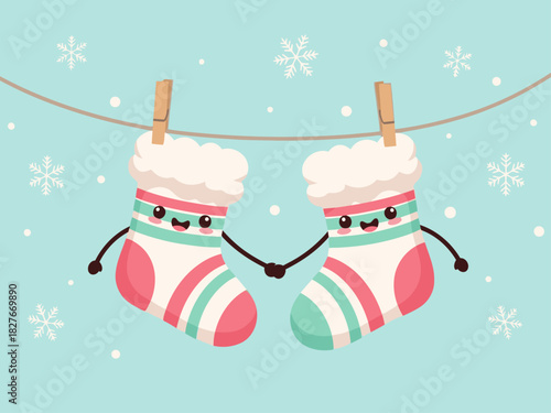 Two adorable, kawaii socks hold hands, strung on a line with snowflakes. A 'Warm Fuzzy Feelings' banner adds a festive touch. Bright, cheerful, and perfect for winter greetings.
