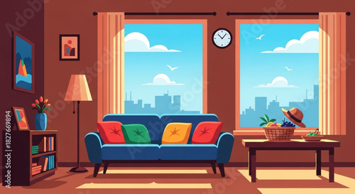 Stylish living room with city view provides a calm atmosphere for relaxation and creative inspiration, perfect for home decor and interior design projects