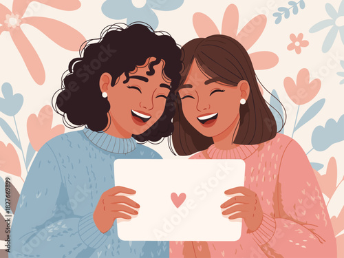 Two joyful women share laugh holding a tablet displaying a heart Soft colors floral background and a feeling of happiness and connection Perfect for Valentine's Day or friendship themes