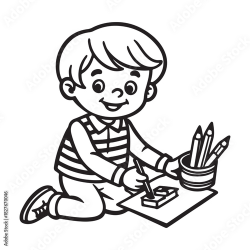 Cartoon child drawing with crayons  outline vector