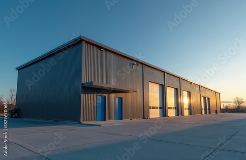 Modern warehouse building exterior with metal facade at sunset. Industrial commercial property with large garage roller doors, blue entrance. Storage facility small distribution center stands against