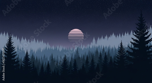 Dreamy sunset forest landscape illustration with retro vaporwave sun and starry sky for calming backgrounds or nostalgic design projects