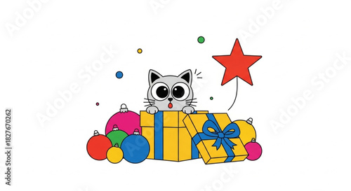 Adorable cartoon cat peeking out of a Christmas gift box with colorful ornaments and a star for festive holiday cheer and whimsical seasonal designs