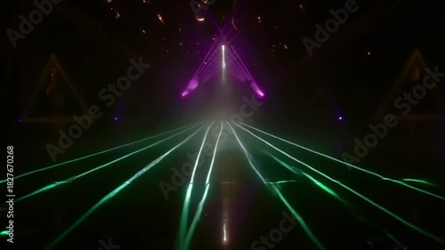Futuristic Laser Light Show with Neon Triangles and Dynamic Beams.