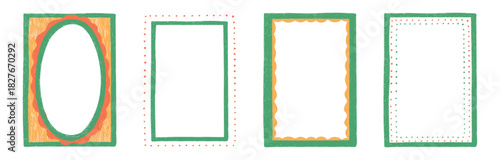 Hand Drawn xmas red, green, pink frame set with doodle lace. Coquette whimsical line borders for Merry Christmas, New Year, birthday, wedding, poster. Vintage minimalist vector illustration.