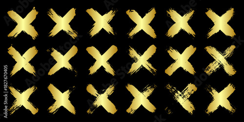 Golden grunge crosses, brush strokes, lines, ink smudges, hand-drawn scribble shapes. Handmade sketchy marks, acrylic stains, charcoal streaks. Paint textures, dry brush effect. Vector illustration