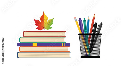 Colorful books stacked high with autumn leaf and pens in a holder represent knowledge, learning, and education for back to school concepts