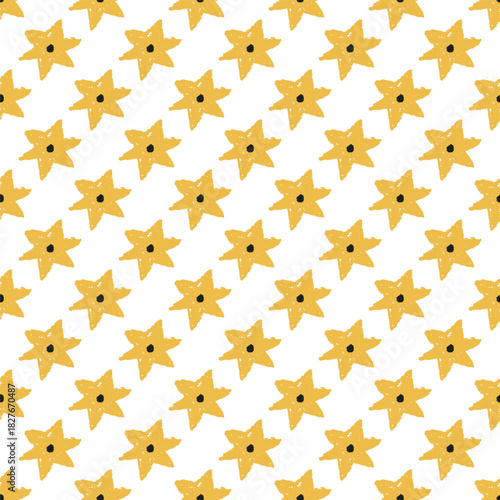 Seamless pastel star pattern. Hand-drawn textured shapes on a clean white background. Cute playful design for kids and decor. Vector illustration.