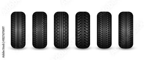 Rubber tires silhouettes. Car, truck, and motorcycle wheels, tread pattern designs. Perfect for automotive, racing, and motorsport themes, repair service and transport industry. Vector illustration