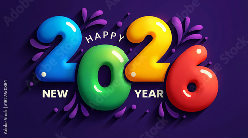 Happy New Year 2026 with Inflatable Balloon Numbers on Dark Background. 3D Party Design.

