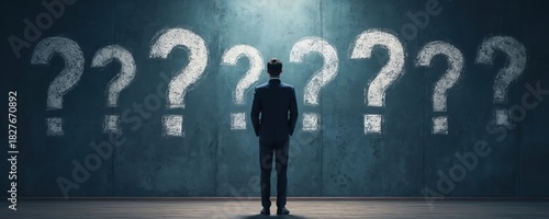Man in suit faces big question marks painted on wall. Represents business uncertainty, problem solving, and deep thought. He contemplates complex issues and seeks answers.