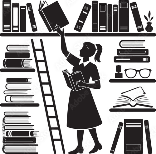 Black and white illustration of a woman in a library setting