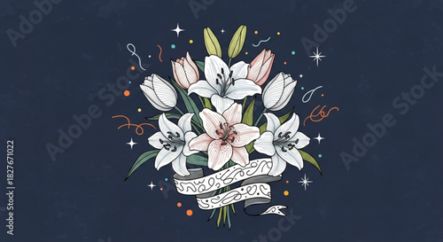 Elegant floral arrangement with lilies and tulips on dark background, perfect for sophisticated invitations or spring themed designs and artistic projects
