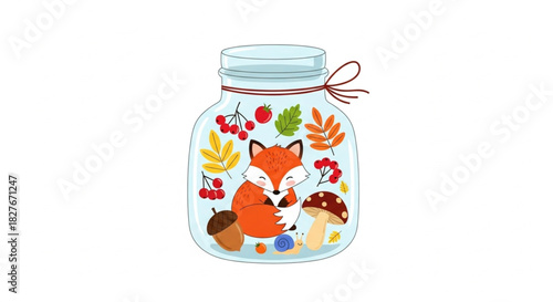 Adorable sleeping fox with autumn leaves, berries, and mushroom inside a glass jar perfect for seasonal crafts and cute themed designs